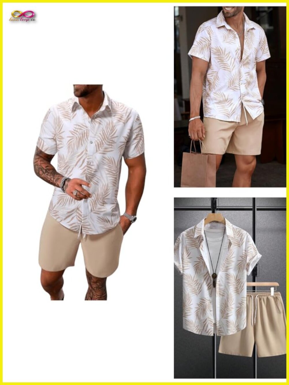 Men's Hawaiian Tropical 2 Piece Outfit Short Sleeve Shirt and Shorts Set